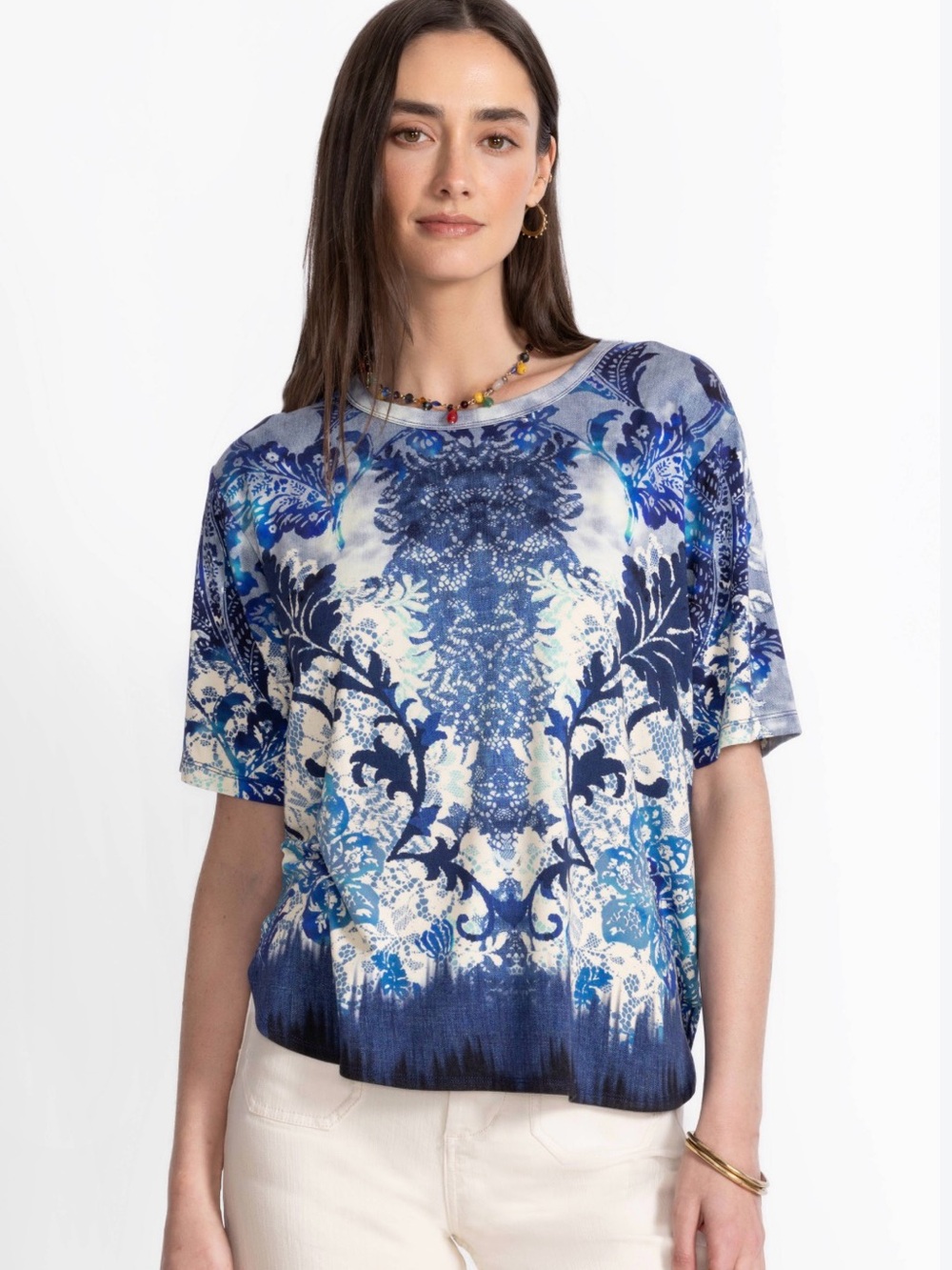 Johnny Was Janie Favorite Oversized Cropped Tee Starling Blue White M